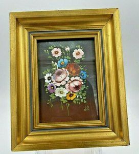 Vtg Floral Painting on Metal Tin Signed Framed Flowers Still Life Signed
